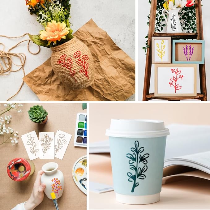 Botanical Flower Stencils for Crafts Small Wildflower Floral Paint Stencil for Painting on Wood Card Making, Tiny Nature Vine Herb Essential Art Stencils for Adults Kids Furniture Walls (50 flowers 1)