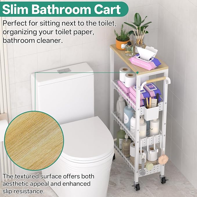 Slim Rolling Storage Cart, 4 Tier Small Organizer Cart with Wheels, Metal Utility Shelf Kitchen Bathroom Laundry Room Organization Trolley with Handle for Narrow Space (9.1" Overall Width)