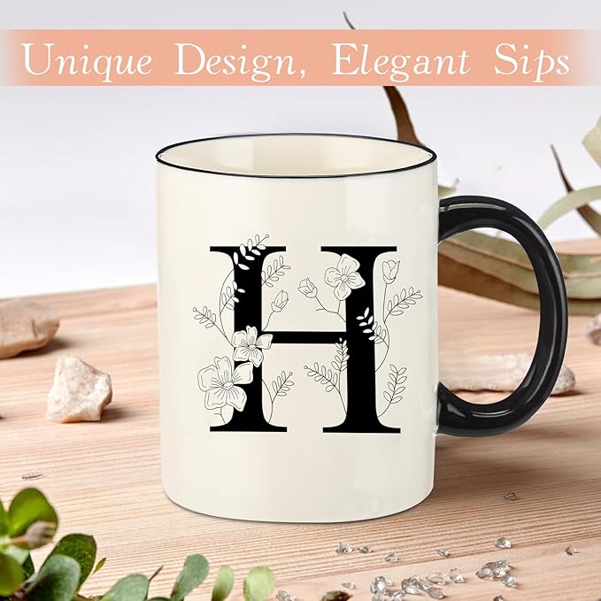 Monogram Ceramic Coffee Mugs, 11 oz Initial Drinking Cup with Gift Box, Unique Birthday Christmas Gifts for Women Wife Mothers Day Grandma Mom Aunt, H