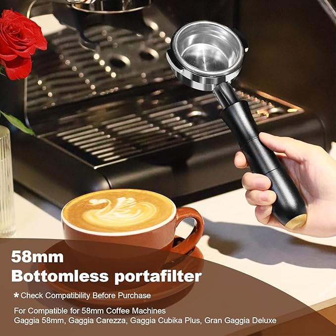 MEION Aluminium Alloy 58mm Bottomless Portafilter for Gaggia 58mm, Gaggia Carezza, Gaggia Cubika Plus, Gran Gaggia Deluxe, Espresso Portafilter with Stainless Steel 18g Filter Basket and Puck Screen