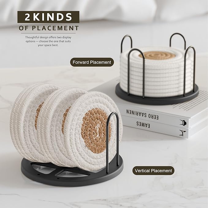 Coasters Set of 8 for Drinks, Beer, Coffee, Cotton Woven Absorbent Coaster with Holder, Boho Coasters for Home Decor Tabletop Protection Suitable for Kinds of Cups, White & Coffee