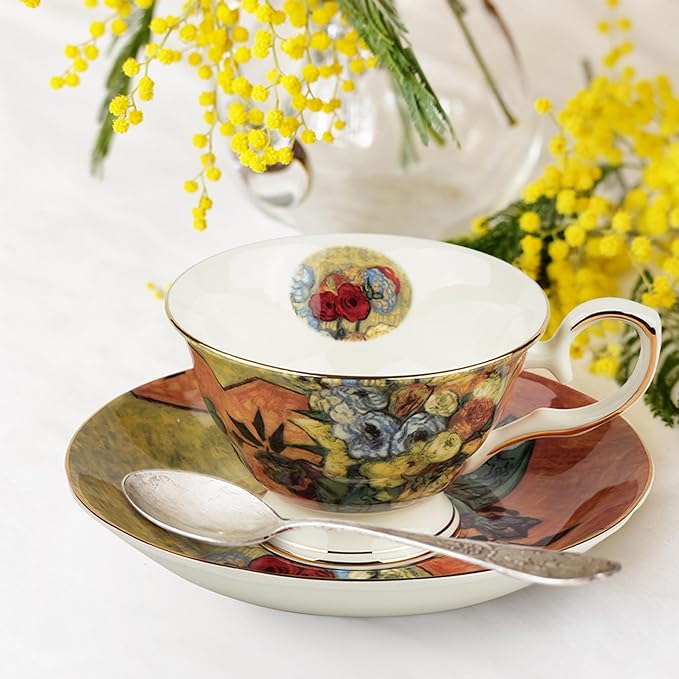 Floral Tea Cups Saucers Set of 2, Vangogh Paintings Bone China 7 oz British Teacups Porcelain Tea Cups Coffee for Rose Teacups Cappuccino Espresso Latte (White Roses & Flowers Vase)