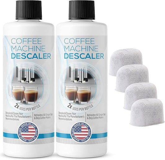 Keurig Compatible Descaling Solution - Descaler Cleaner Concentrate Kit For All 1.0 & 2.0 K-Cup Pod Machines and Espresso Machines - (2 Bottles, 4 Uses Plus 4 Filters)