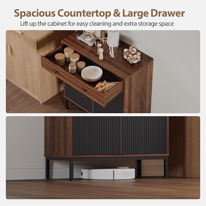 Mericonia Farmhouse Buffet Sideboard Cabinet with Storage, Fluted Coffee Bar with Doors and Adjustable Shelves, Modern Wood Cabinet for Kitchen, Livingroom (Fluted 2 Door, Walnut & Black)