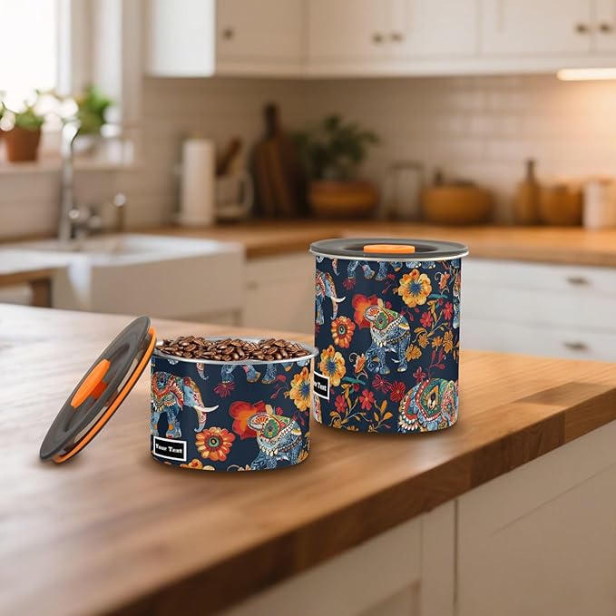 ALAZA Elephant Boho Vintage Kitten Cats Airtight Coffee Bean Canister Customed 900ml Food Storage Containers with Lids For Gournd, Tea, Sugar, Flour, Rice, Cereal, Candy Cookie Jar