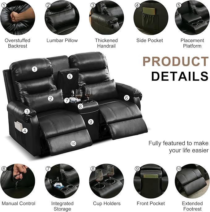 DRMBOOK RV Loveseat Recliner Sofa with Console, Faux Leather Double Wall Hugger Reclining Couch Manual Home Movie Seating 2 Person Recliner Chair with Cup Holders/Storage/Pocket/Lumbar Pillow, Black