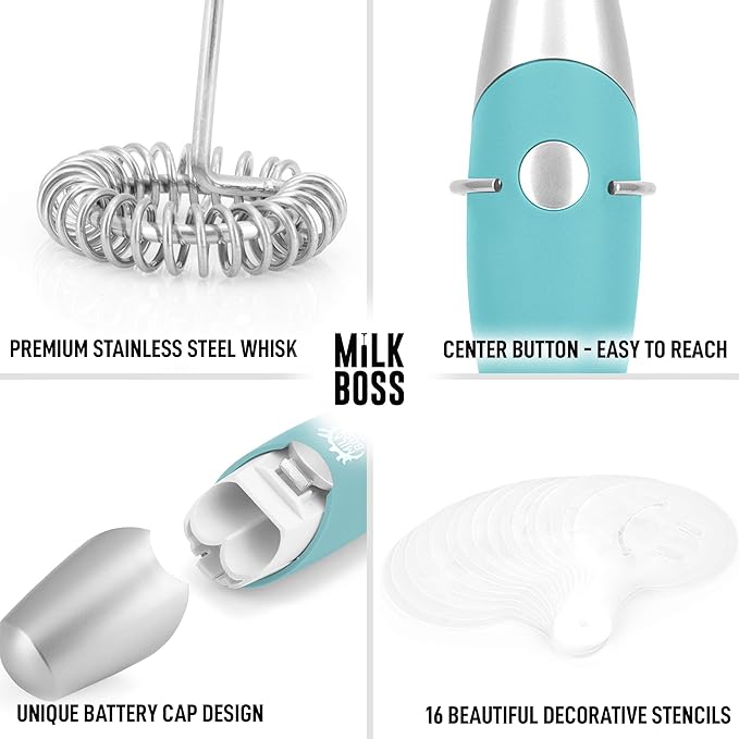 Milk Boss Matcha Whisk - Handheld Electric Stirrer - Frother Wand & Drink Mixer - Whisk for Green Tea - Durable Stainless Steel Blender - Smooth Teal Mighty