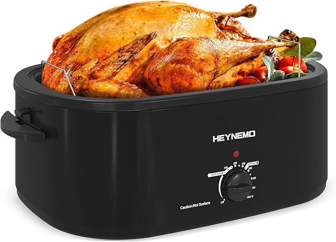 26 Quart Electric Roaster Oven with Visible & Self-Basting Lid, Large Turkey Roaster with Defrost Warm Function, Adjustable Temperature, Removable Pan Rack, Stainless Steel, Black