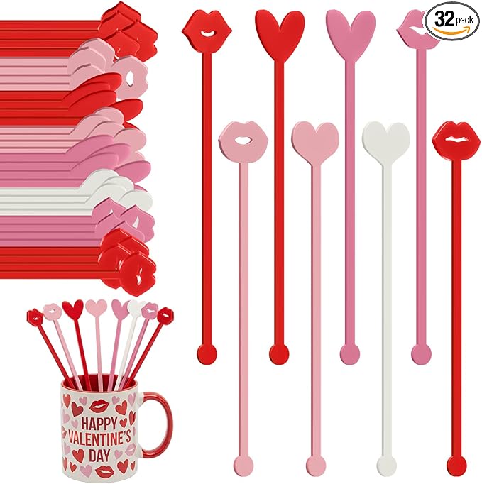 32 Pcs Valentines Day Cocktail Stirrers 7 Inch Heart Love Lips Drink Coffee Stirrers Cute Acrylic Stir Sticks for Valentines Wedding Drink Birthday Bridal Cocktail Supply(Fashion Style)