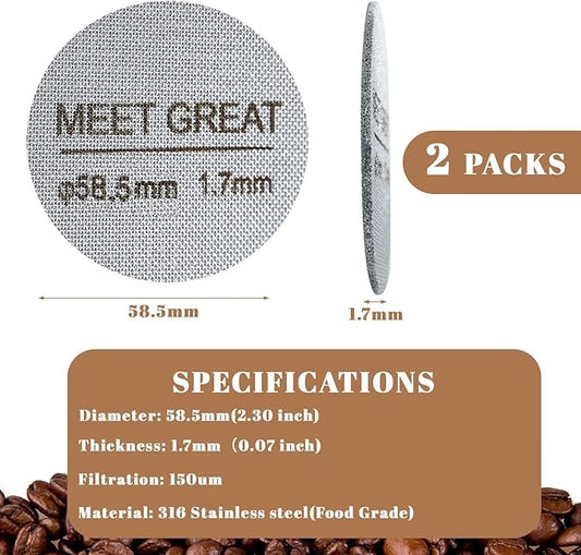 Meet Great- 2 Packs 58.5mm Espresso Puck Screen, 1.7mm Thickness 150μm 316L Stainless Steel, Upgraded Reusable Coffee Filter Screen for 58.5mm Breville Portafilter Filter Basket
