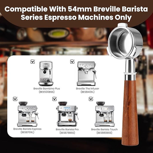 54mm Bottomless Portafilter Compatible with Breville Barista Express/Pro/Touch/Bambino Plus and Bambino Plus, Filter Basket + Puck Screen Included