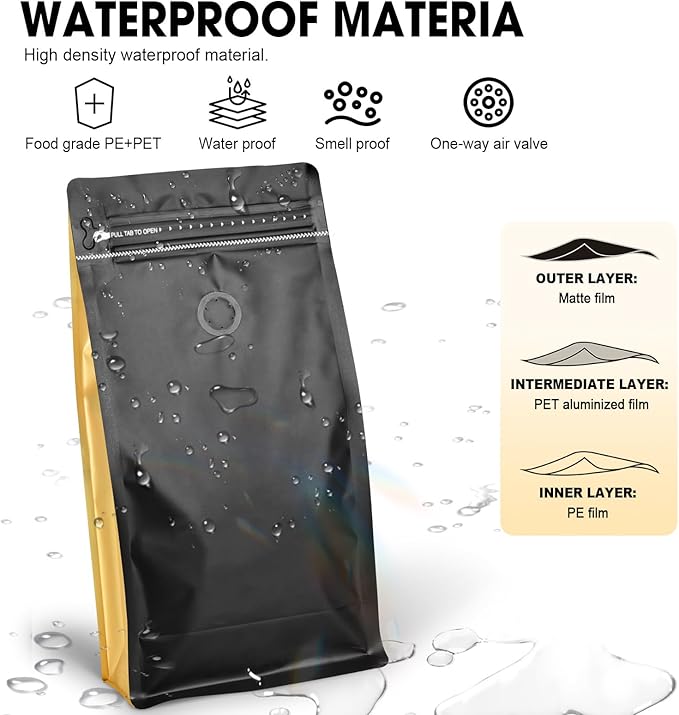 Coffee Bags with Valve(60pcs,16oz,1lb) Vented Coffee Beans Packaging Bags High Barrier Aluminumed Foil Flat Bottom Heat Sealed Side Zipper Resealable Storage Bag for Home or Business（Black+Gold）