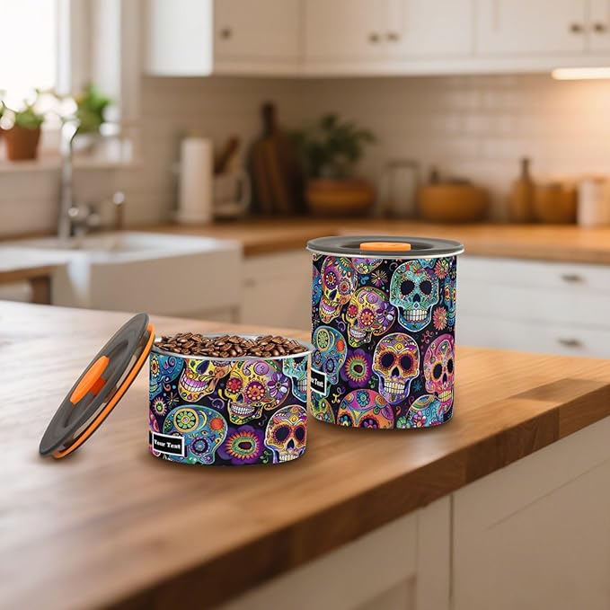 ALAZA Sugar Skulls Day Of Dead Kitten Cats Airtight Coffee Bean Canister Customed 900ml Food Storage Containers with Lids For Gournd, Tea, Sugar, Flour, Rice, Cereal, Candy Cookie Jar