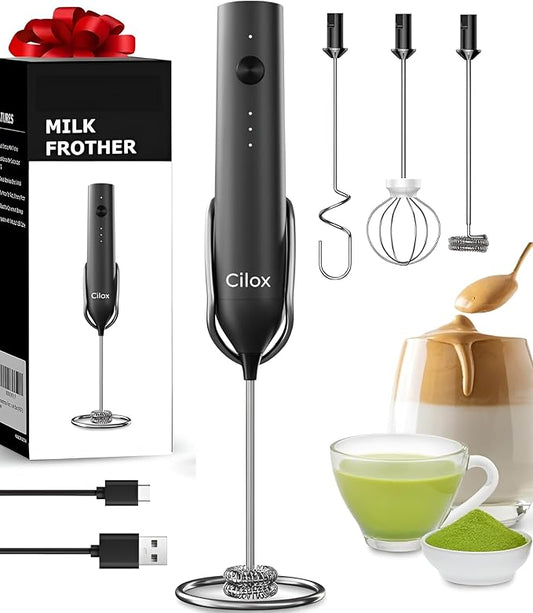 Rechargeable Milk Frother Handheld with 3 Whisk and Stand, 3-Speed Frother Wand, Dual Spring Whisk Coffee Frother and Drink Mixer for Matcha Lattes Cappuccino