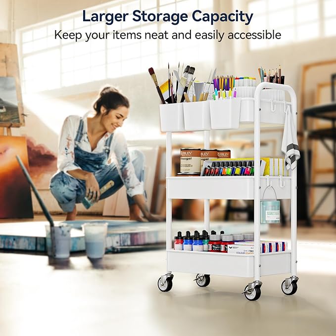 YASONIC Metal 3 Tier Rolling Cart - Heavy Duty Utility Cart with Lockable Wheels, Hanging Cups, Hooks, Mesh Rolling Storage Cart Craft Cart Organizer, Lightweight and Sturdy, White