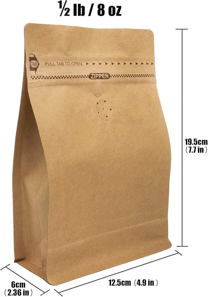 Natural Kraft Coffee Pouches, Resealable Coffee Bag with valve, Flat Bottom Pull Tab Zipper (50pcs / 8oz, 0.5lb, 227gram)
