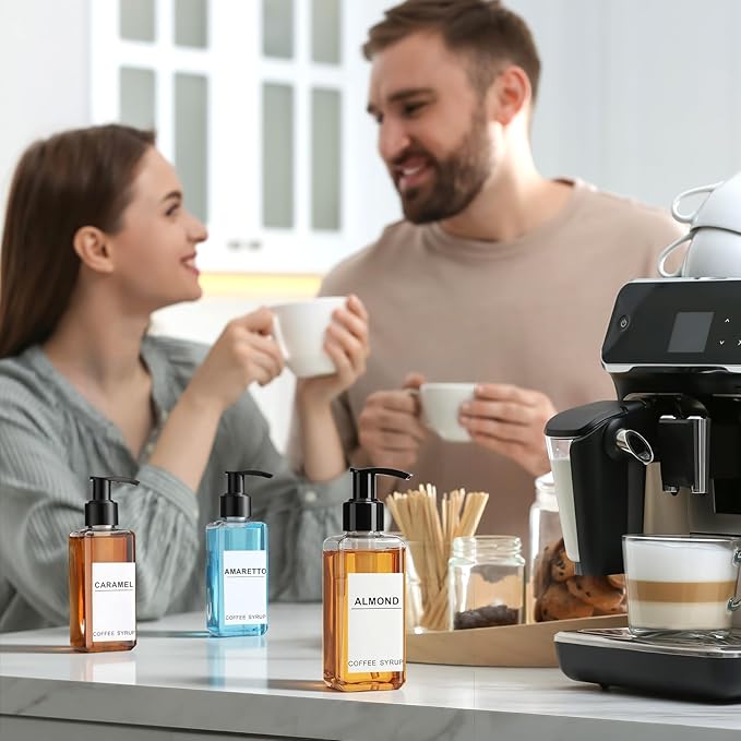 Nuogo 6 Pcs Coffee Syrup Dispenser Set 750ml, 500ml, 300ml, 150ml Pet Black Syrup Bottles with Pump Dispenser 27 Labels for Coffee Bar Kitchen Accessories Portable Travel(5 oz,Square)