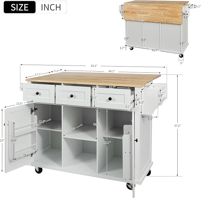 Yayzy Rolling Kitchen Island with Drop Leaf, Cabinet Door Storage Racks & 3 Drawers, Mobile Kitchen Cart with Rubberwood Top & Locking Wheels for Dining Room & Kitchen, 53-Inch, White