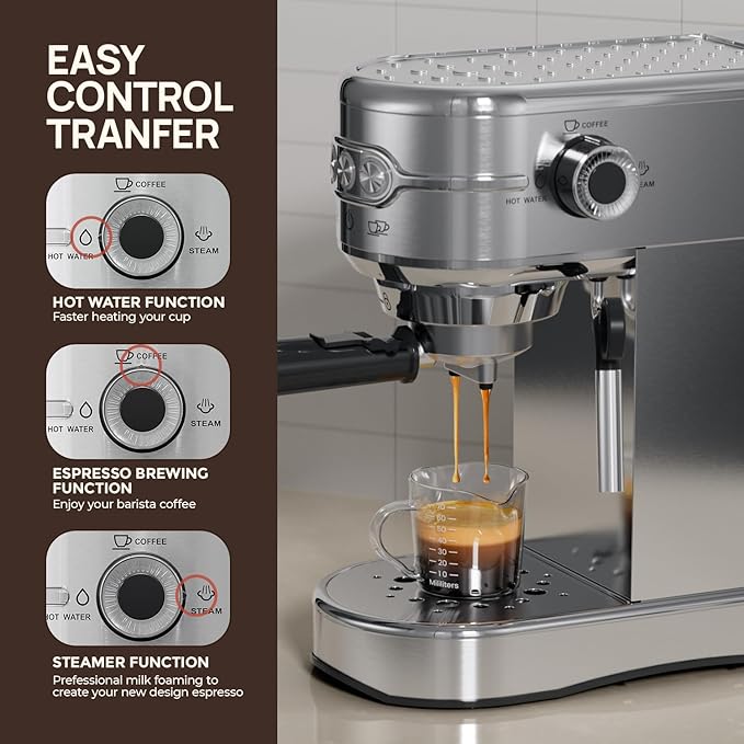 JZ.CAFE Espresso Machine 20 Bar, Compact Espresso Maker, Stainless Steel Expresso Coffee Machines with Steam Milk Frother & 34oz Removable Water Tank for Home, Cappuccino Machine, Great Gift