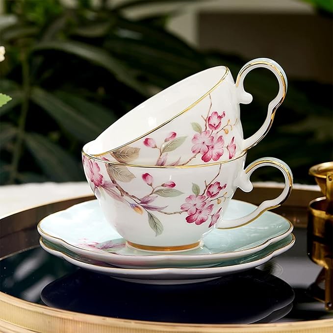 KAMMAK Ceramic Coffee Cups Saucers Set of 2, Porcelain Espresso Cups with Saucers, 5.41 oz Handmade Elegant Bone China Tea Cup, Ceramic Floral Pattern Demitasse for Latte, Americano, Cappuccino