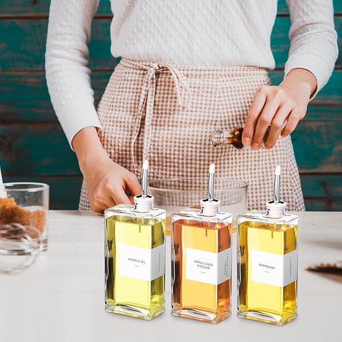 3 Sets Olive Oil Dispenser Bottles for Kitchen with Nozzles Funnel Labels Cooking Oil Dispenser 500ml Set for Kitchen Vinegar Coffee Syrup (Silver)