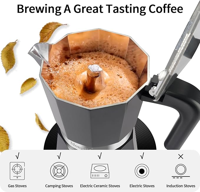 Mongdio Stovetop Espresso Maker Moka Pot, Stove Top Cuban Coffee Maker, Italian Greca Mocha Pot, 6 Espresso Cups, 10 oz - Black