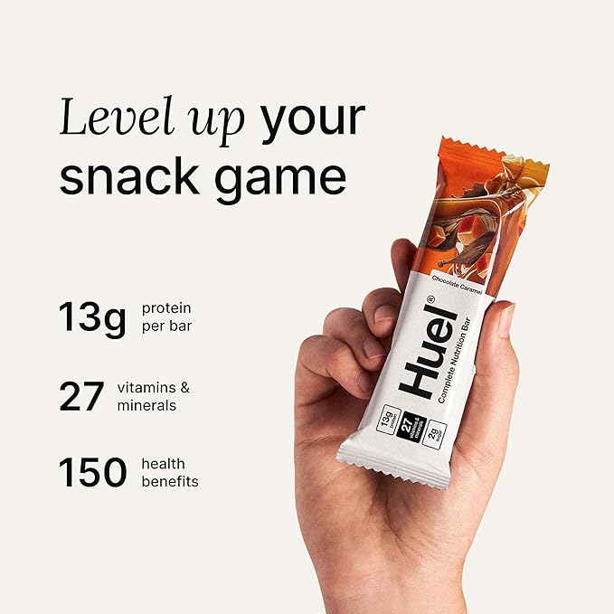 Huel Complete Nutrition Vegan Protein Bars | Chocolate Caramel | 13g Protein | 27 Vitamins & Minerals, 2g Sugar, Non-GMO, 100% Plant Based Snack | 12 Pack