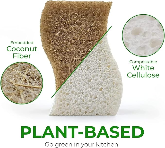AIRNEX Biodegradable Natural Kitchen Sponge - Compostable Cellulose and Coconut Walnut Scrubber Sponge (24 Pack)
