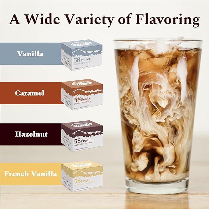 58Peaks Hazelnut Flavored Syrup Sweetener Packets for Hot and Cold Drinks | To-Go Syrup Flavoring Perfect for Coffee, Tea, Milkshake and More | Flavored Coffee Syrups for Travel | 15mL | 50-Pack
