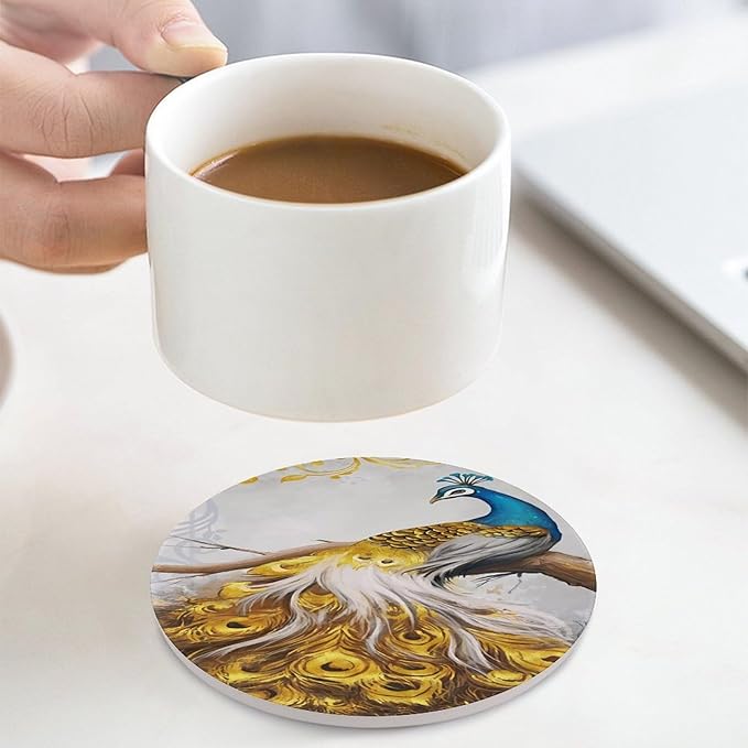 Peacock Drink Coasters, Round Ceramic Drink Coaster Round-4PCS, Tree Branch Vintage Beautiful Gold Peacock Decor Absorbent Ceramic Coasters for Beverage Cup, Bar, Coffee Table
