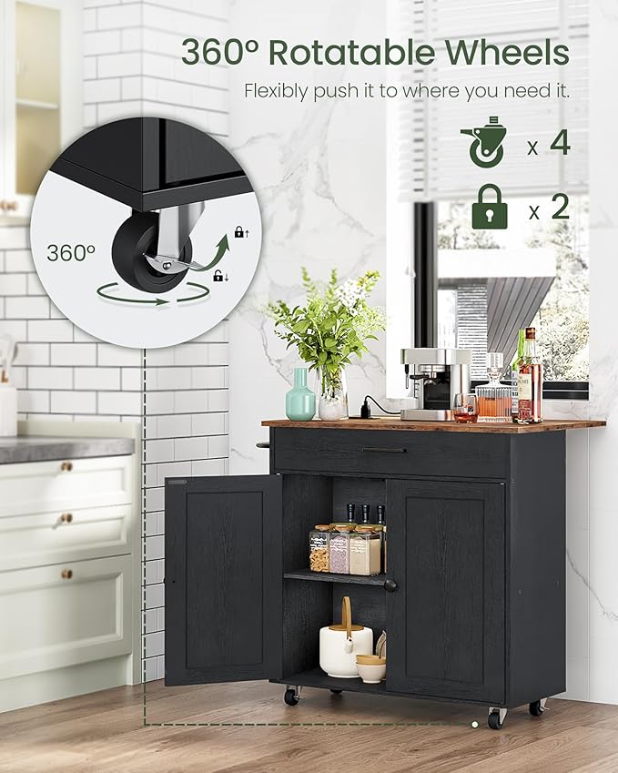 Kitchen Island, Kitchen Island Cart with One Double Cabinet and Drawer, Rolling Storage Cart with Power Strip, with Drop Leaf, for Kitchen, Living Room, Black and Rustic Brown MZD01UBFN1
