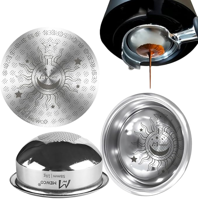 58mm Espresso Filter Basket and Espresso Puck Screen,18g Spherical Bottom Design for Even Espresso Extraction Fits Most 58mm Portafilter/Tamper/coffee maker