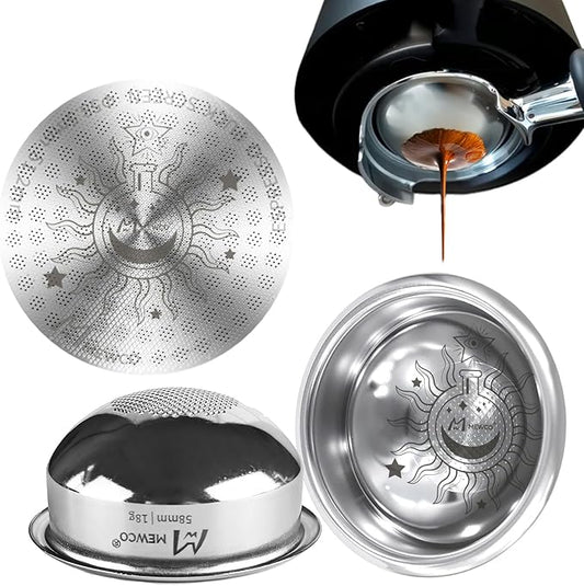 58mm Espresso Filter Basket and Espresso Puck Screen,18g Spherical Bottom Design for Even Espresso Extraction Fits Most 58mm Portafilter/Tamper/coffee maker