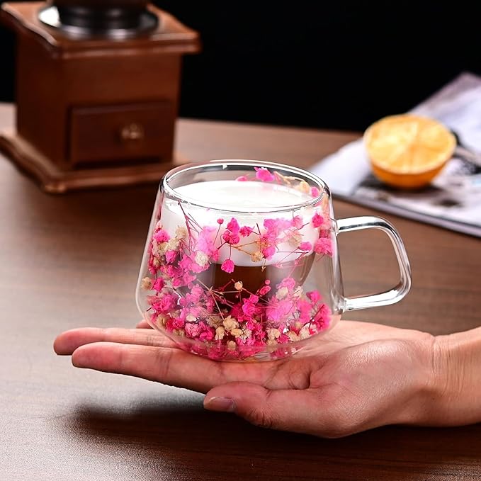 200ML Double Wall Insulated Cup Clear Glass Mug with Handle Preserved Flower Mug Floral Glass Real Coffee Cup with Protective Sleeve and Case Pink 200ML