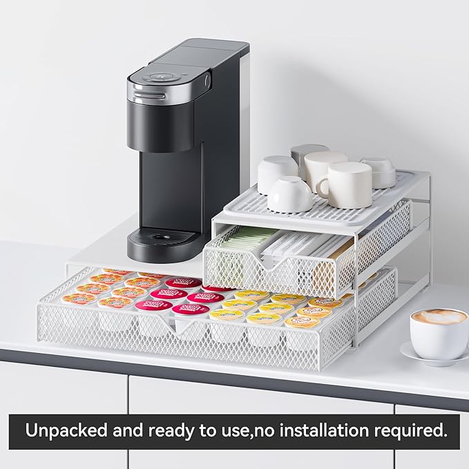 Coffee Maker Countertop Organizer,K Cup Pod Drawers,60 Coffee Capsule Pod Holder,Integrated Design Requires No Assembly.Slidng Storage Pod Baskets,K Cup holder,Silicone Drink Coasters