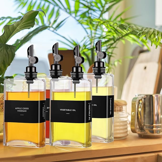 4 Pcs Olive Oil Dispenser for Kitchen, Glass Olive Bottles Oil Seasoning Bottle Set Coffee Syrup Soy Sauce Dispenser(Black,350 ml)