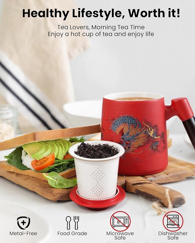 Porcelain Tea Cup with Infuser and Lid,Ceramic Tea Mug for Loose Leaf,Tea Strainer Cup with Wood Handle,Chinese Dragon Red Cup,All Ceramic Infuser,BPA-Free for Tea Lovers/Birthday/Valentine's Day