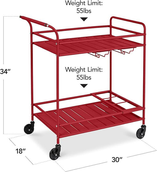 Best Choice Products Rolling Bar Cart, Mobile Home Bar Serving Cart, Serving Station w/ 2 Tier Shelves, Wine Rack, Lockable Wheels - Red