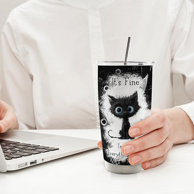 Cat Gifts for Cat Lovers, Funny Black Cats 20oz Travel Coffee Mug Tumbler, Im Fine Everythings Fine Stainless Steel Tumbler with Lid and Straw