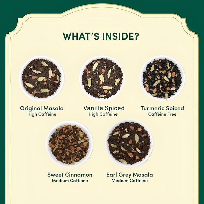 VAHDAM, Assorted Chai Tea Bags Sampler (5 Flavors, 20 Ecofriendly Pyramid Teabags) I Valentines Day Gifts for Him & Her | Masala Chai Teas Varieties from India | Gluten Free & Non GMO