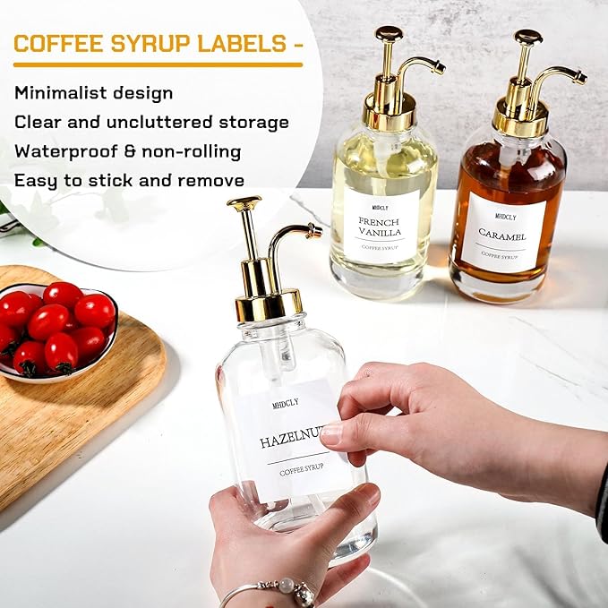 MHDCLY Coffee Bar Accessories, Coffee Syrup Dispenser - 4pack,16.9oz Syrup Dispenser with Labels,Syrup Pump Dispenser for Coffee Bar(Gold Pump)