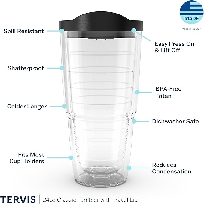 Tervis Made in USA Double Walled Clear & Colorful Lidded Insulated Tumbler Cup Keeps Drinks Cold & Hot, 24oz, Navy Lid
