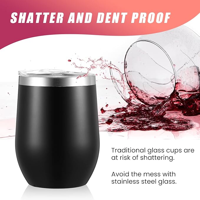 6 Pack Stainless Steel Wine Tumblers 12 oz Insulated Vacuum Wine Cup Set Double Wall Stainless Steel Stemless Mug Glasses for Coffee Soda Whiskey Outdoor Travel (Black)