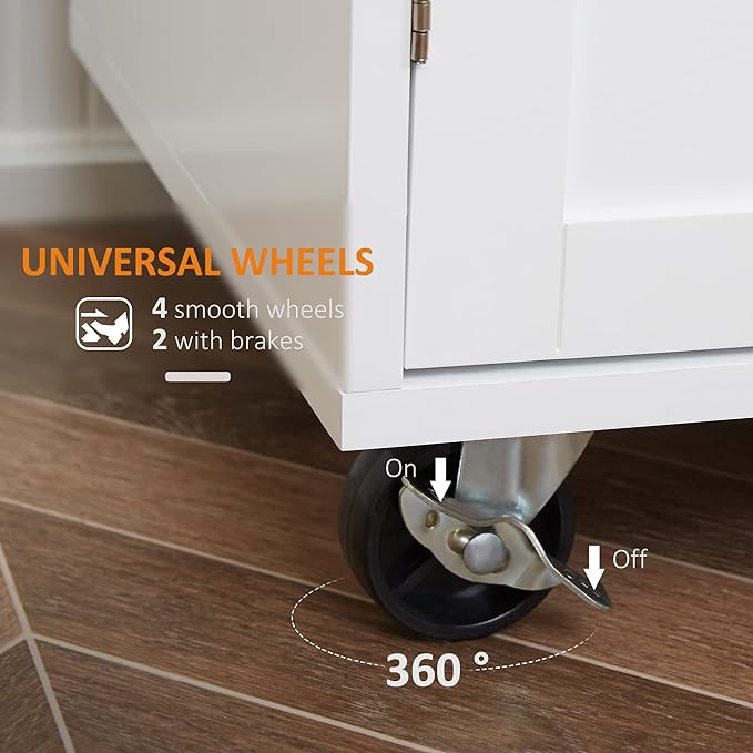 HOMCOM Kitchen Island Cart, Rolling Island Table with Solid Wood Top, Trolley Cart with Drawer, Storage Cabinet & Towel Rack, White