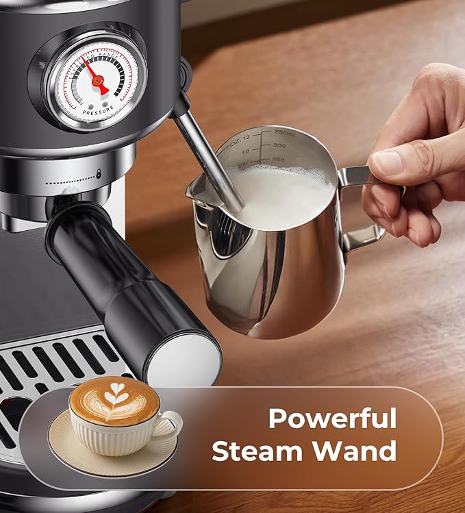 20 Bar Espresso Machine with Milk Frother, Compact Espresso Maker, Stainless Steel Coffee Machine with Precise Temp Control & 44oz Removable Water Tank for Latte, Cappuccino, Dark Grey
