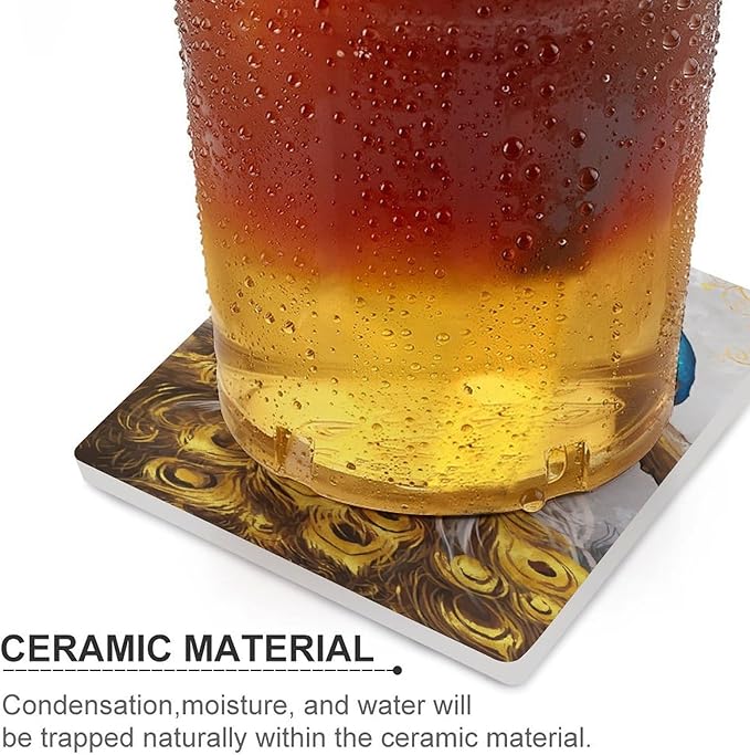 Peacock Drink Coasters, Square Ceramic Drink Coaster Square-4PCS, Tree Branch Vintage Beautiful Gold Peacock Decor Absorbent Ceramic Coasters for Beverage Cup, Bar, Coffee Table
