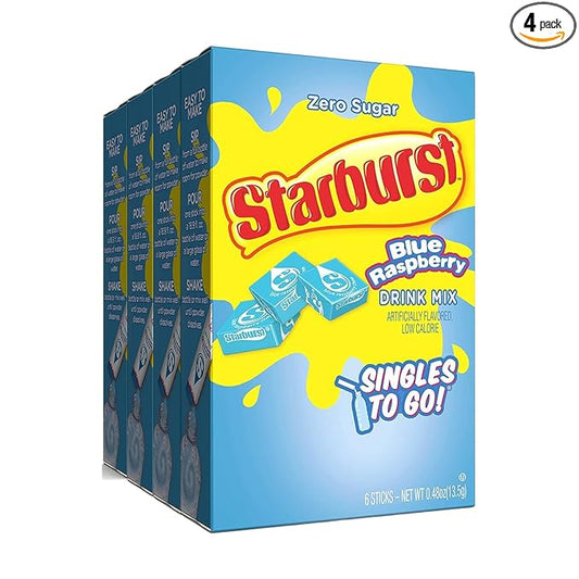 Starburst Blue Raspberry Singles To Go Drink Mix, 0.59 OZ, 6 CT (Pack of 4)