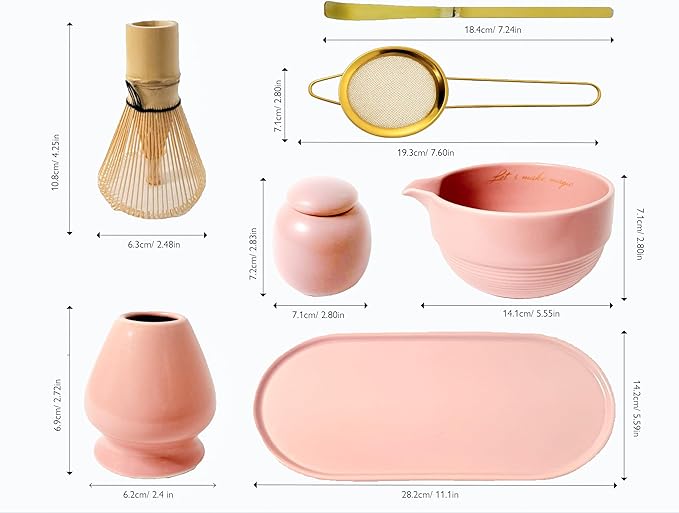 Matcha Whisk Set, 7-Piece Ceramic Matcha Tea Set with Bowl, Whisk & Holder, Bamboo Scoop, Canister, Sifter and Tray