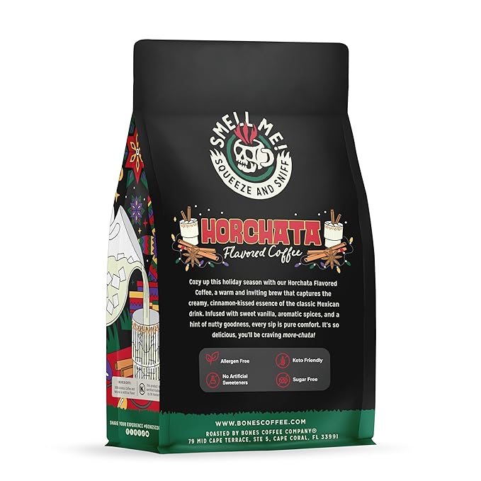 Bones Coffee Company Horchata Flavored Coffee, Medium Roast Low Acid Arabica Beans Compatible with Auto drip and French Press Coffee Maker, 12 Oz Whole Bean