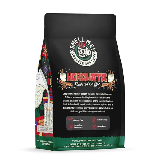 Bones Coffee Company Horchata Flavored Coffee, Medium Roast Low Acid Arabica Beans Compatible with Auto drip and French Press Coffee Maker, 12 Oz Whole Bean